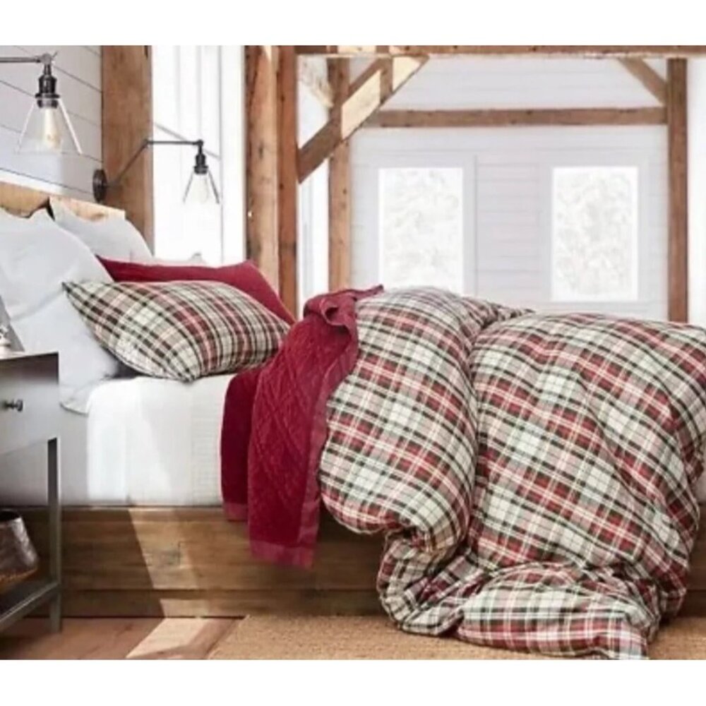 Pottery Barn Denver Plaid Cotton Linen Red Green Duvet Cover Full/Queen